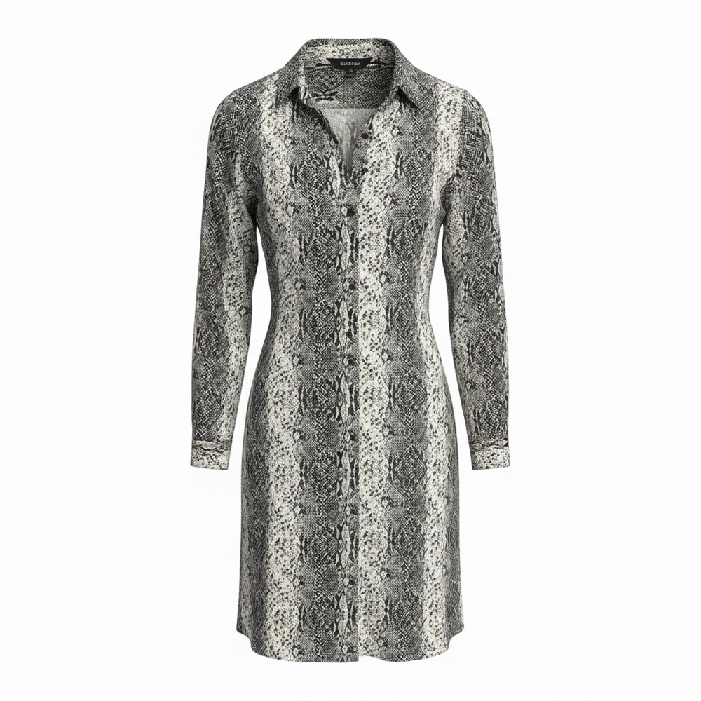 Norma Kamali Black & White Snake-Print Long-Sleeve Shirt Dress